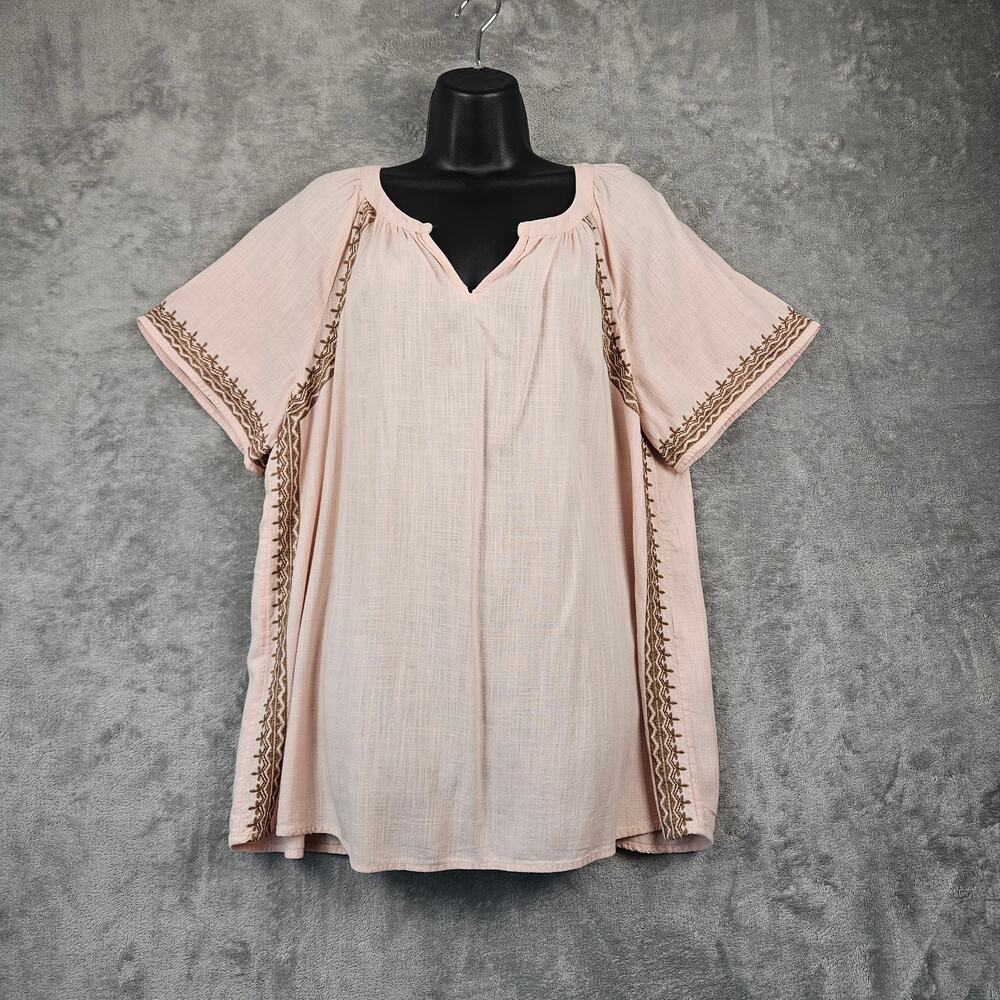 J.Jill Women L Pink Linen Blend Embroidered Tunic Blouse Boho Peasant Top
